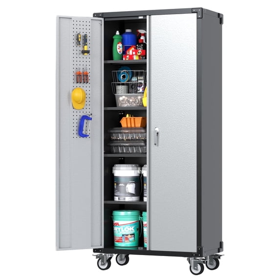 SUPEER 72-Inch 4-Shelf Metal Garage Cabinet with Pegboards, Wheels, and Accessories, Assembly Required