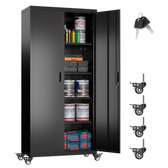 SUPEER 73 Inches Black Metal Storage Cabinet with Wheels, Rolling Storage Garage Cabinet with Adjustable Shelves and Door for Garage, Office, Kitchen, Laundry Room, Assembly Required