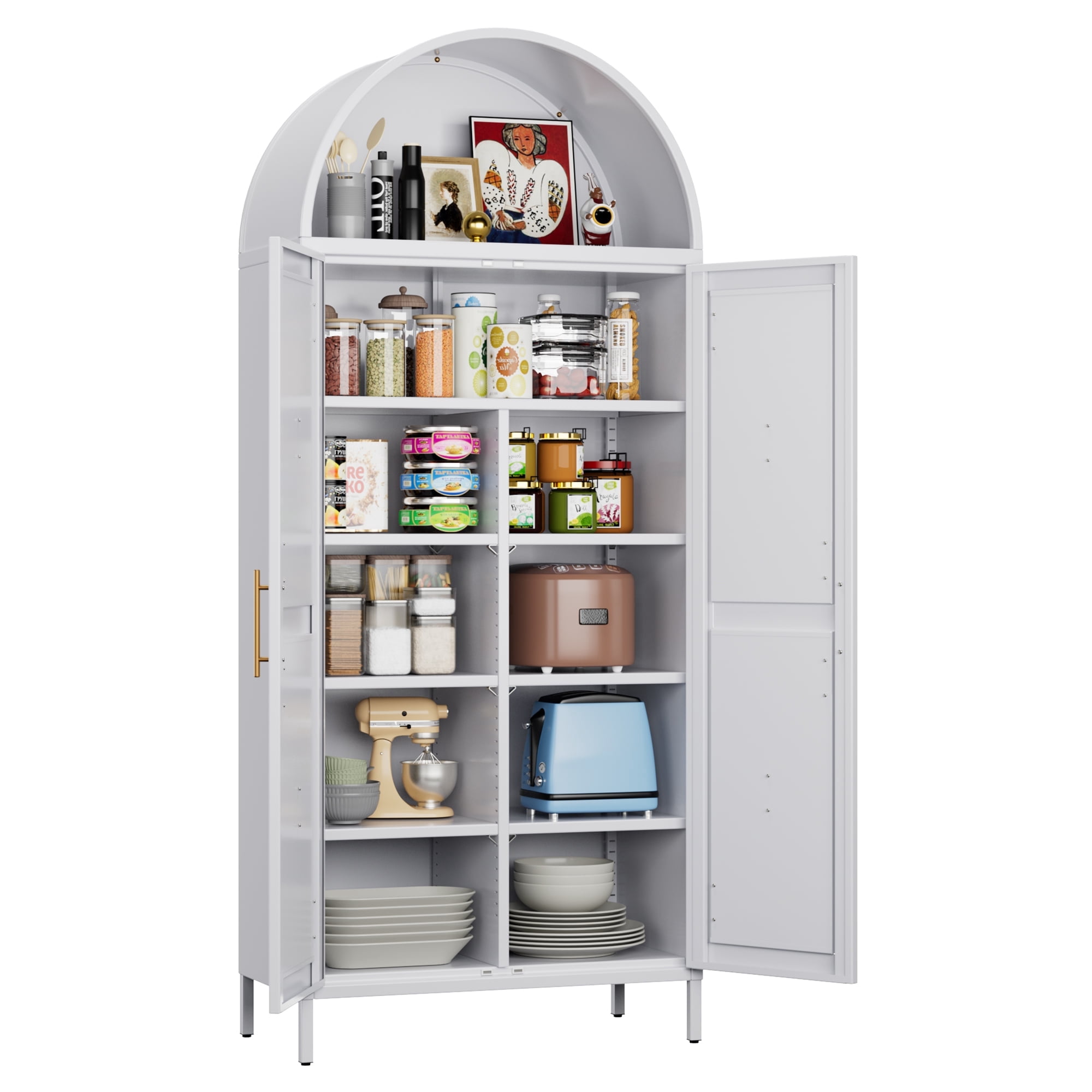 SUPEER 73" Metal Arched Storage Cabinet with Doors/Shelves, Modern Kitchen Pantry Cabinet， Freestanding Cupboard for Home Pantry Living Room, White, Assembly Required