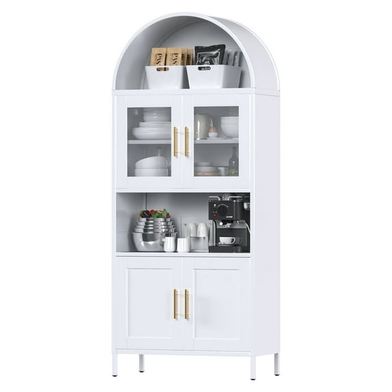 SUPEER 73" Tal Metal Arched Storage Display Cabinet with Glass Doors and Adjustable Shelves, Freestanding Kitchen Pantry Curio Storage Cabinet for Dining room, Home, Office, Assembly Required, White