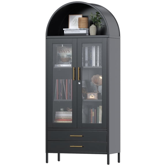 SUPEER 73-Inch Arched Metal Storage Display Cabinet with 2 Drawers and Glass Doors,Assembly Required