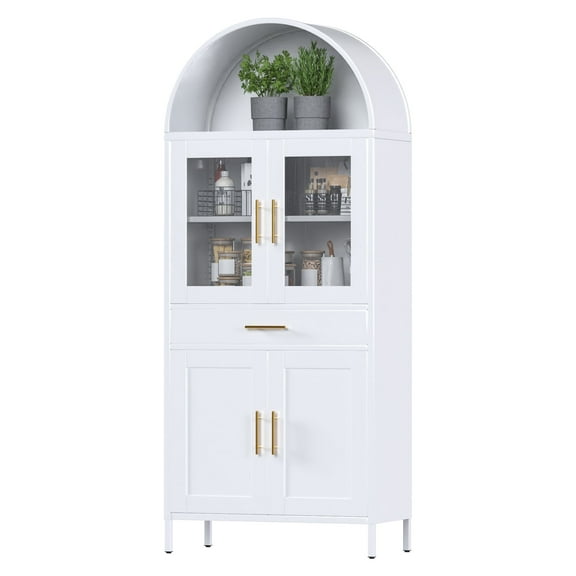 SUPEER 73" Tal Metal Arched Storage Display Cabinet with One Drawer, Pantry, Curio Cabinet, Metal Arched Bookcase with Glass Doors, Assembly Required, White
