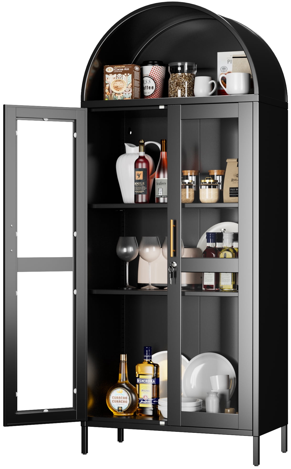 SUPEER 73" Tal Metal Arched Storage Display Cabinet with with Glass Doors, Pantry, Curio Cabinet, Metal Arched Bookcase, Assembly Required