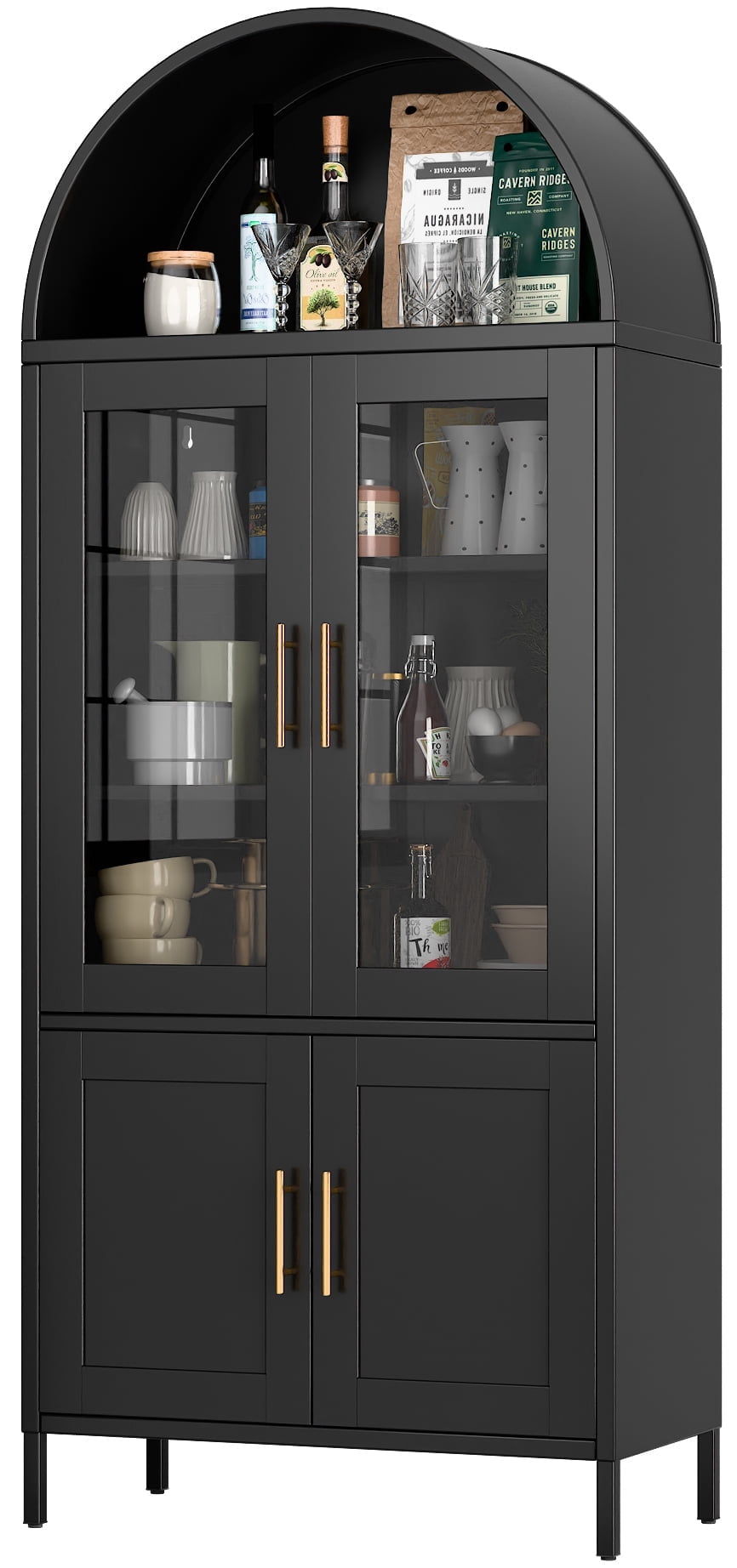 SUPEER 73" Tall Metal Arched Display Cabinet, Arched Storage Bookcase with Glass Doors, Curio Kitchen Pantry Cabinet for Living Room, Assembly Required, Black