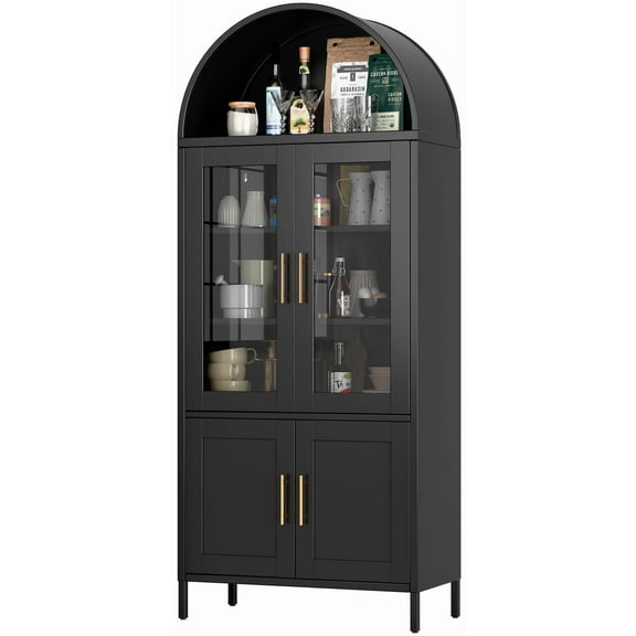 SUPEER 73" Tall Metal Arched Display Cabinet, Arched Storage Bookcase with Glass Doors, Curio Kitchen Pantry Cabinet for Living Room, Assembly Required, Black