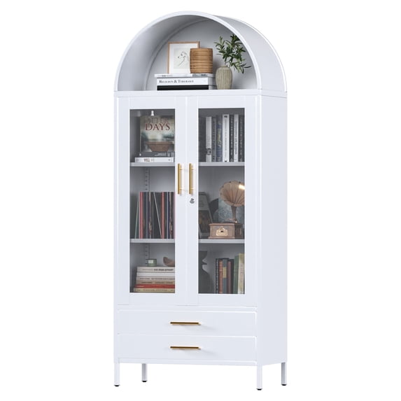 SUPEER 73" Tall Metal Arched Display Cabinet, Arched Storage Bookcase with Glass Doors and Two Drawers, Curio Cabinet, Kitchen Pantry Cabinet for Living Room, Assembly Required, White