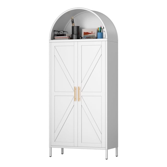 SUPEER 67" Tall Metal Arched Storage Cabinet, Arched Storage Bookcase with Doors, Modern Farmhouse Bookshelf, Kitchen Pantry Cabinet for Living Room, Assembly Required, White