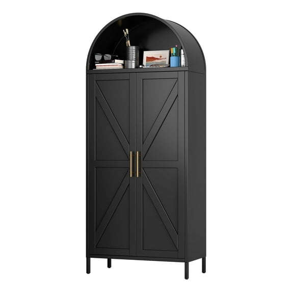 SUPEER 73" Tall Metal Arched Storage Cabinet, Arched Storage Cabinet with Doors and Drawer, Kitchen Pantry Cabinet for Living Room, Assembly Required, Black