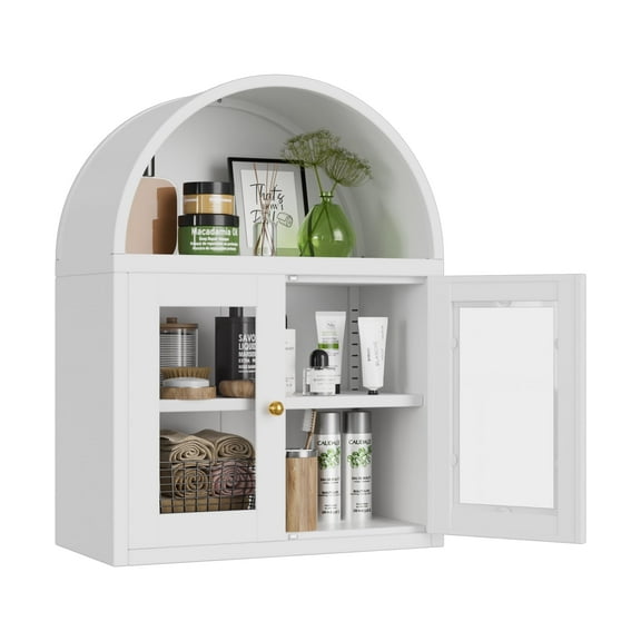 SUPEER Arched Wall Cabinet, Bathroom Wall Mounted Cabinet with Glass Display Doors, Adjustable Shelves for Living Room, Dining Room, Kitchen,Assembly Required,White