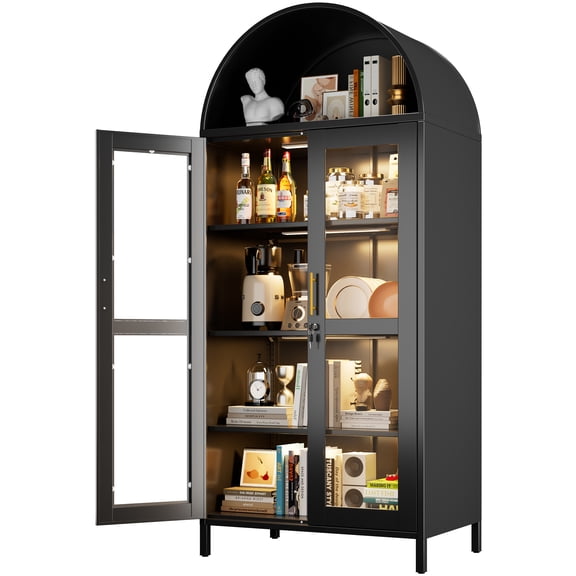 SUPEER Metal Arched Storage Display Cabinet with LED Strips and Glass Doors, Lockable Cabinet, Assembly Required, Black