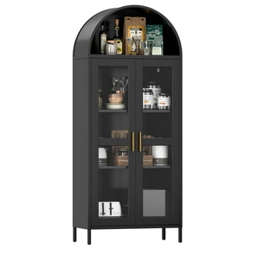 SUPEER Metal Arched Storage Display Cabinet with Glass Doors and Adjustable Shelves, Assembly Required, Black
