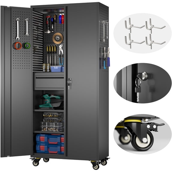 SUPEER Metal Garage Storage Cabinet with 1 Drawer and Pegboards,71" H Top Workbench Mobile Tool Chests Garage Cabinets with 4 Wheels,Tool Cabinets for Home,Office,Shop,Assembly Required, Black