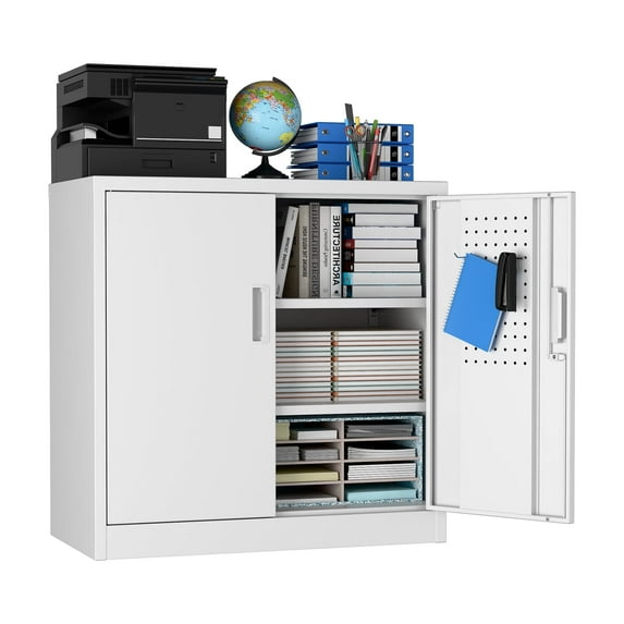 SUPEER Metal Garage Storage Cabinet with Wheels,32" H Top Workbench Mobile Tool Chests Garage Cabinets with Pegboards,Tool Cabinets for Home,Office,Shop,Assembly Required, White