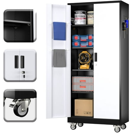 SUPEER Metal Rolling Storage Cabinet with Hanging Rod and 5 Pegboards, Large Steel Utility Toolchest with Adjustable Shelves & Locking Doors, Assemble Required