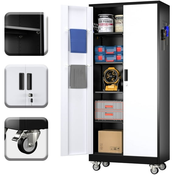 SUPEER Metal Rolling Storage Cabinet with Hanging Rod and 5 Pegboards, Large Steel Utility Toolchest with Adjustable Shelves & Locking Doors, Assemble Required