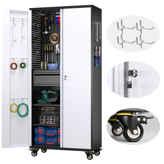 SUPEER Metal Storage Cabinet with 1 Drawer and Pegboards,71" H Top Workbench Mobile Tool Chests Garage Cabinets with 4 Wheels,Tool Cabinets for Home,Office,Shop,Assembly Required, Gray