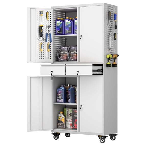 SUPEER Metal Storage Cabinet with 2 Drawer and Pegboards,71" H Top Workbench Mobile Tool Chests Garage Cabinets with 4 Wheels,Tool Cabinets for Home,Office,Shop,Assembly Required, Gray