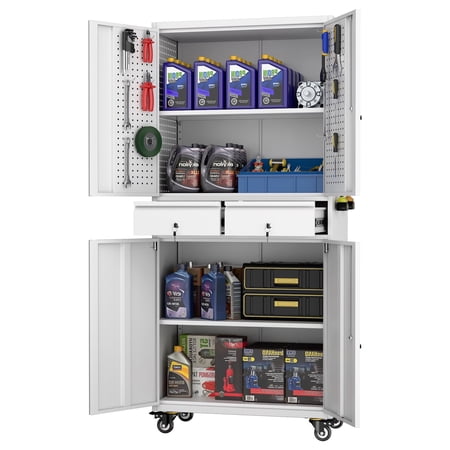 SUPEER Metal Storage Cabinet with 2 Drawer and Pegboards,71" H Top Workbench Mobile Tool Chests Garage Cabinets with 4 Wheels,Tool Cabinets for Home,Office,Shop,Assembly Required, White