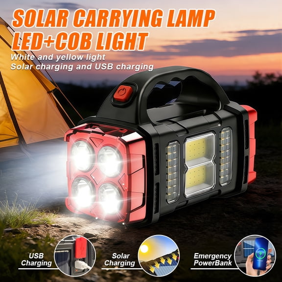 SUPER BRIGHT Solar Rechargeable LED Lantern Flashlight Outdoor Camping LED Flashlight, 8 Lighting Modes High Brightness Camping Lamp Tactical COB Work Light Emergency Power Bank Function