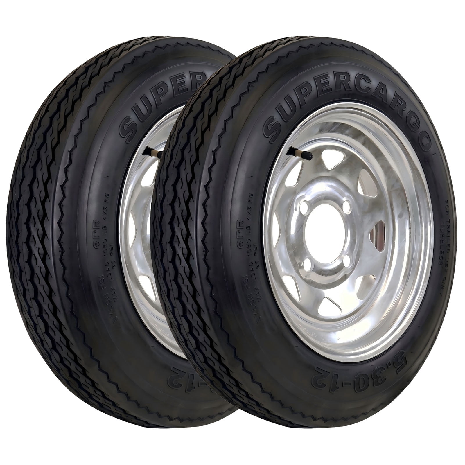 SUPER CARGO 2 Set SU02 5.30-12 6PR Boat Trailer Tire and 4-Lug Galvanized 8 Spoke Wheel Assembly