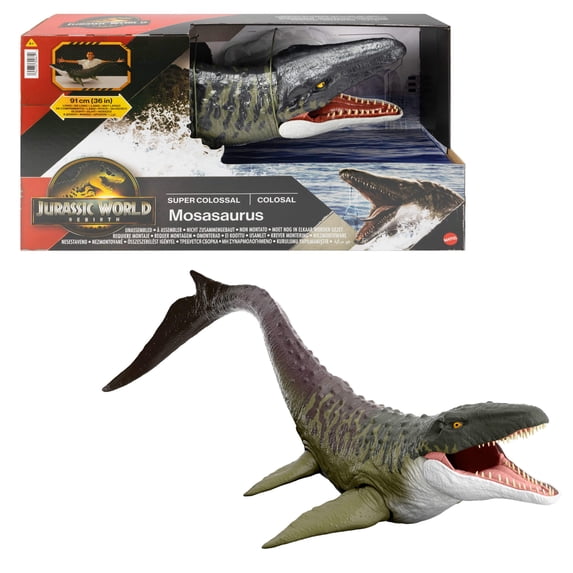 Jurassic World Rebirth Super Colossal Mosasaurus Action Figure, Dinosaur Toy with 2 Attack Actions