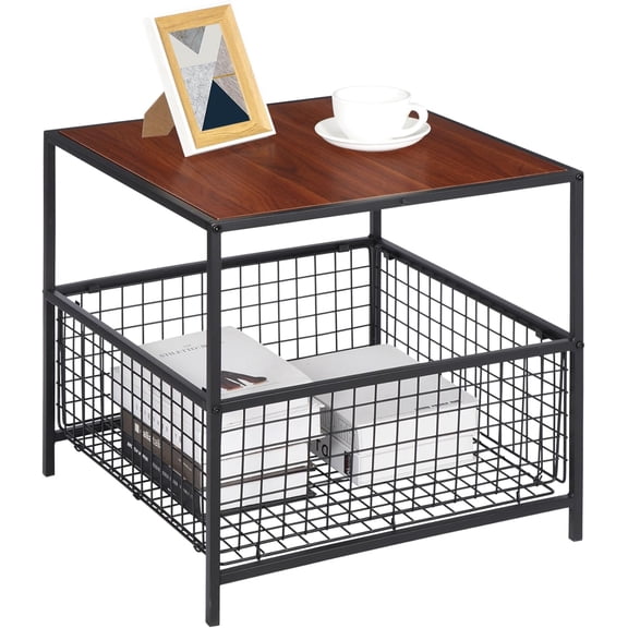 SUPER DEAL 2 Tier Side Table with Mesh Basket, 20 inch Square End Table Nightstand for Bedroom Living Room, Mini Fridge Stand Printer Stand for Office, Red Mahogany Wood Grain