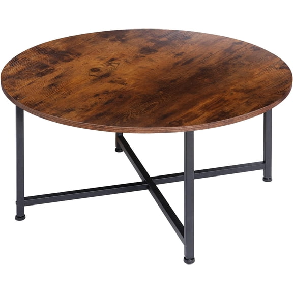 SUPER DEAL Round Coffee Tables w/ 32 Inch Rustic Wooden Surface Top and Sturdy Metal Legs Industrial Cocktail Table for Living Room, Rustic Brown