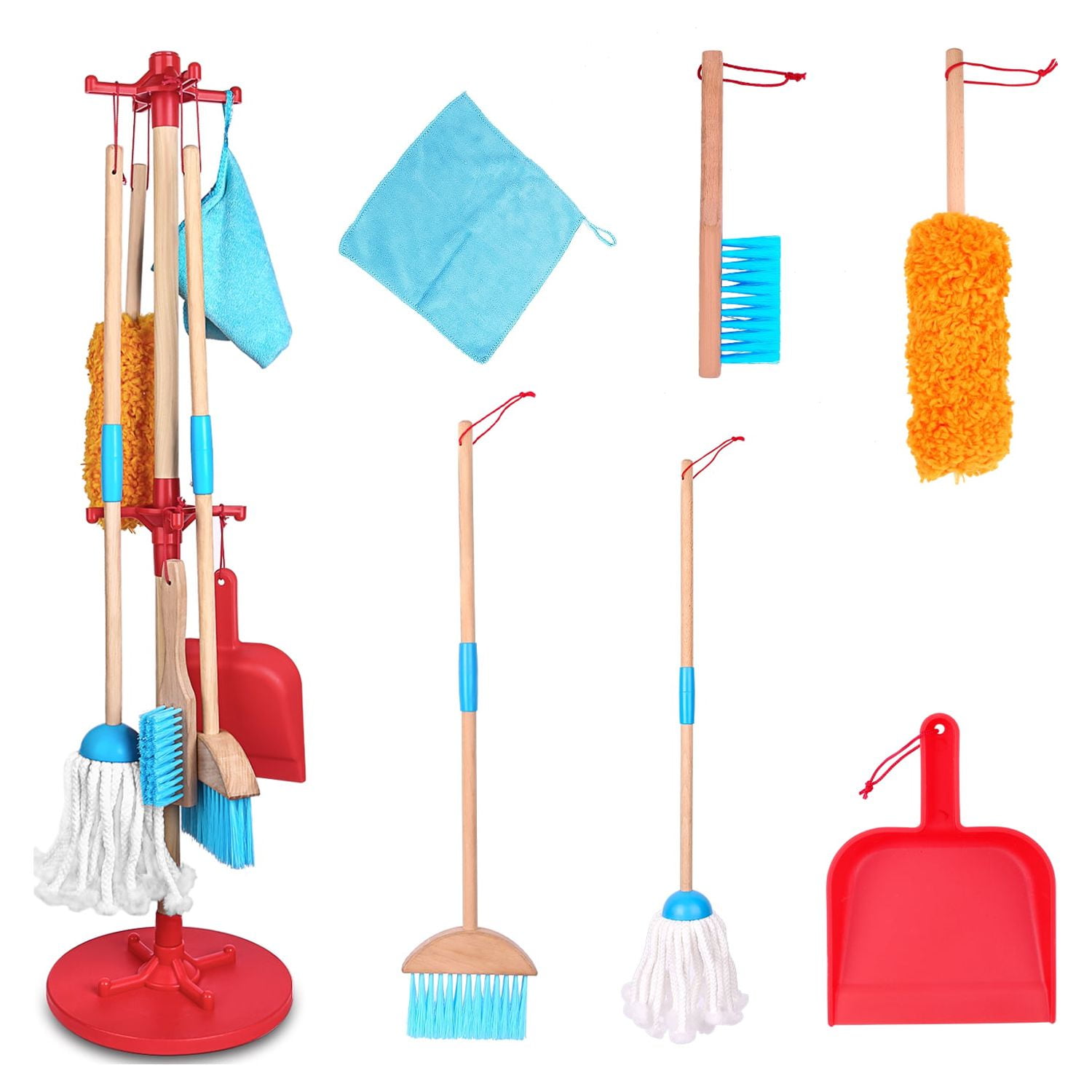JustForKids Wooden Detachable Kids Cleaning Set - Duster, Brush, Mop, Broom  and Hanging Stand Play - Housekeeping Kit - STEM Toys for Toddlers Girls 