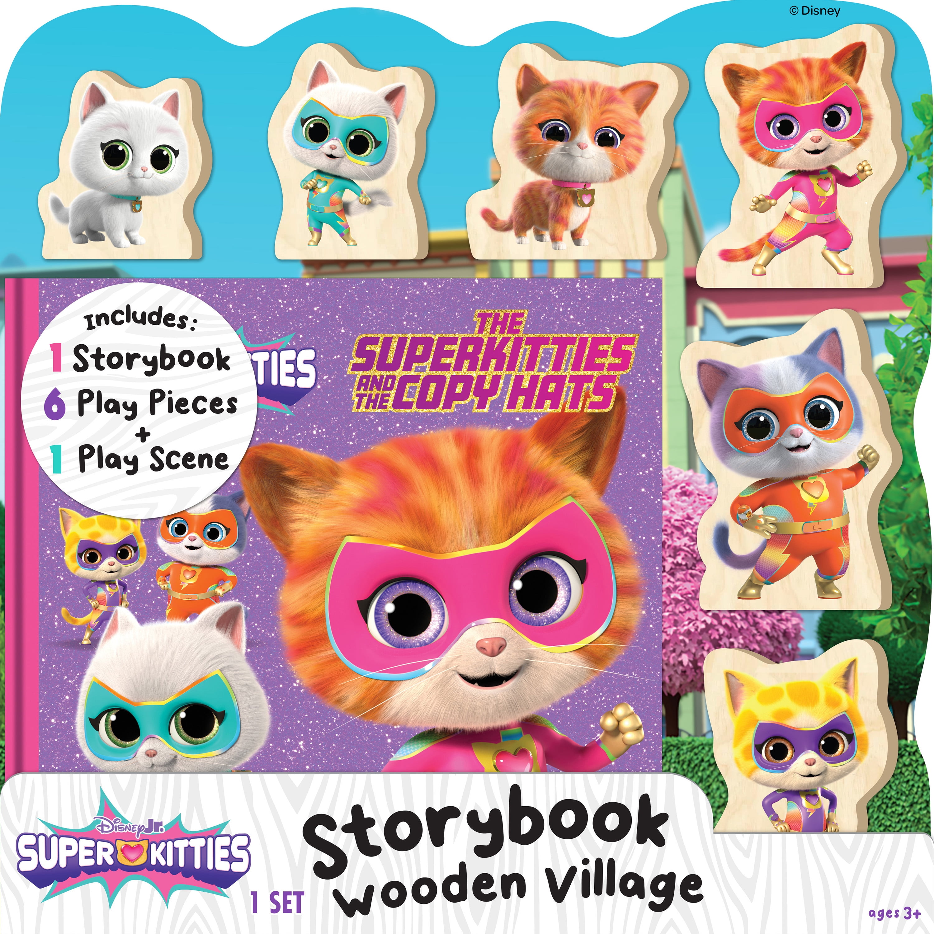 Disney Junior Super Kitties Wooden Playset for Toddlers  Storybook Village with 6 Figures, Imaginative Pretend Play Toy, Preschool Toys Ages 3+