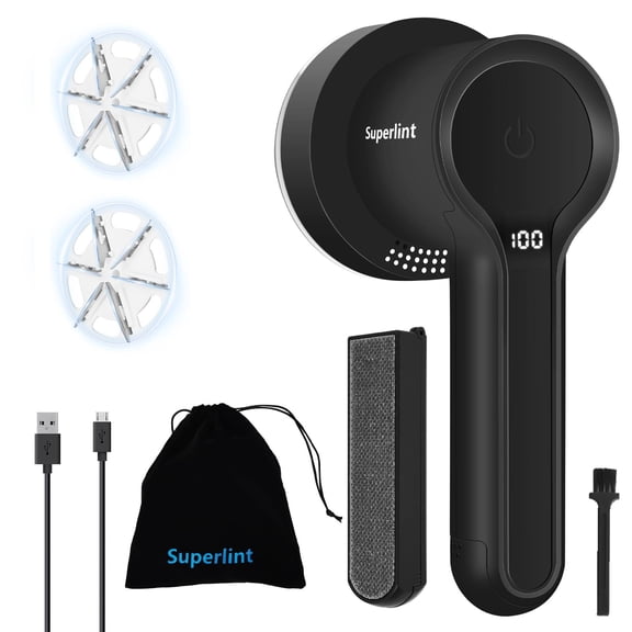 SUPER LINT Electric Fabric Shaver Electrostatic Brush, LED Display, 3-Speeds, Rechargeable Sweater Shavers to Remove Pilling for Clothing, Couch, Furniture, Black