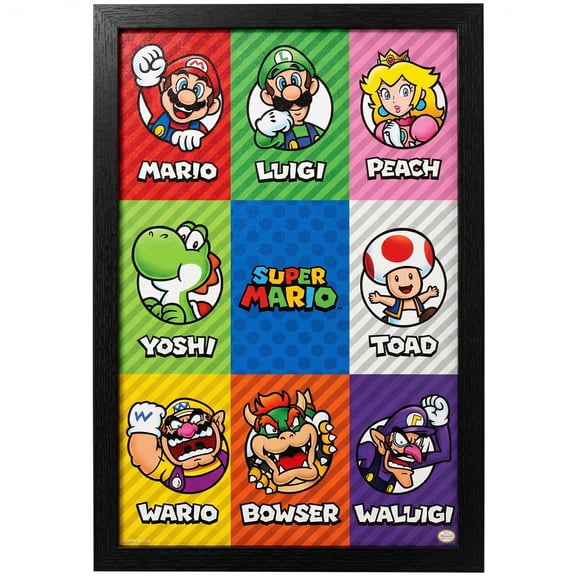 Pyramid America: Super Mario: Character Grid - 11x17 Framed Gel Coated Poster - Video Game Artwork, Licensed Nintendo Wall Decor, Collectible Print