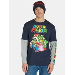 Super Mario Men's & Big Men's Long Sleeve Graphic Tee Shirt and Beanie Hat Set, Sizes XS-3XL