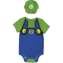 SUPER MARIO Nintendo Luigi Infant Baby Boys Cosplay Bodysuit and Hat Set Newborn to Infant
