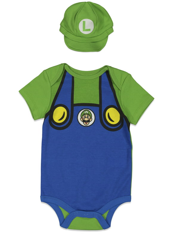 SUPER MARIO Nintendo Luigi Newborn Baby Boys Cosplay Bodysuit and Hat Set Newborn to Infant