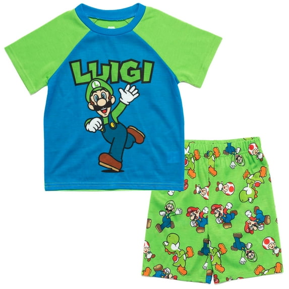 SUPER MARIO Nintendo Luigi Yoshi Pajama Shirt and Shorts Sleep Set Toddler