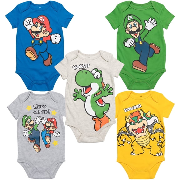 SUPER MARIO Nintendo Mario Luigi Bowser Newborn Baby Boys 5 Pack Bodysuits Newborn to Infant