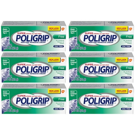 SUPER POLIGRIP Denture Adhesive Cream Artificial Flavor/Color Free 0.75 oz (Pack of 6)