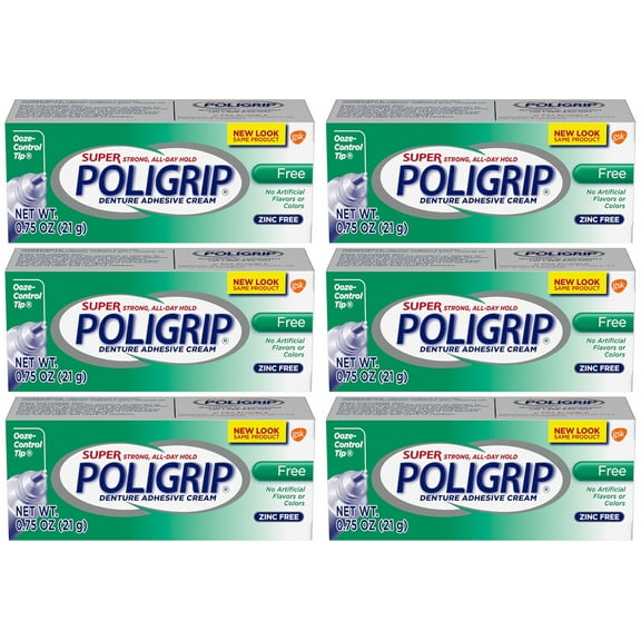SUPER POLIGRIP Denture Adhesive Cream Artificial Flavor/Color Free 0.75 oz (Pack of 6)