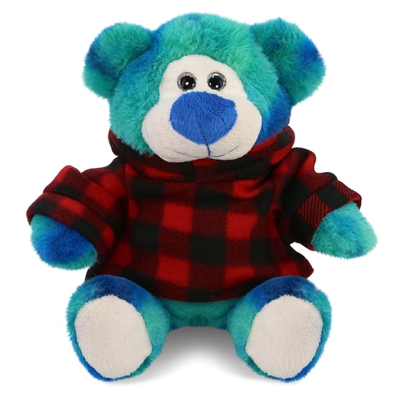 DolliBu Blue Tie-Dye Bear with Clothes Stuffed Animal and Plaid Red Hoodie Sweater - Cute Bear Plush Lumberjack Stuffed Toy with Plaid Jacket Dress Up for Christmas, Holiday, Winter - 9 Inches