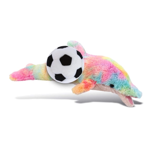 DolliBu Rainbow Dolphin Stuffed Animal with Soccer Ball Plush - Soft Huggable Dolphin, Adorable Playtime Plush Toy, Cute Ocean Life Gift, Super Soft Plush Doll Animal Toy for Kids and Adults - 14 Inch