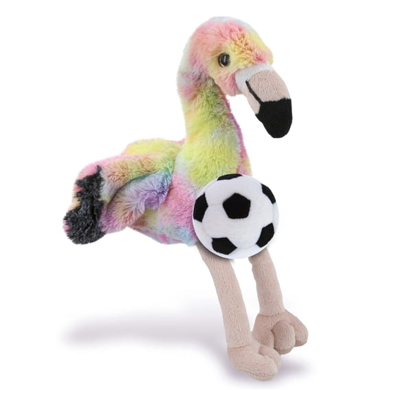 DolliBu Rainbow Flamingo Stuffed Animal with Soccer Ball Plush - Soft Huggable Flamingo, Adorable Playtime Plush Toy, Cute Wild Life Gift, Super Soft Plush Doll Animal Toy for Kids and Adults - 8 Inch