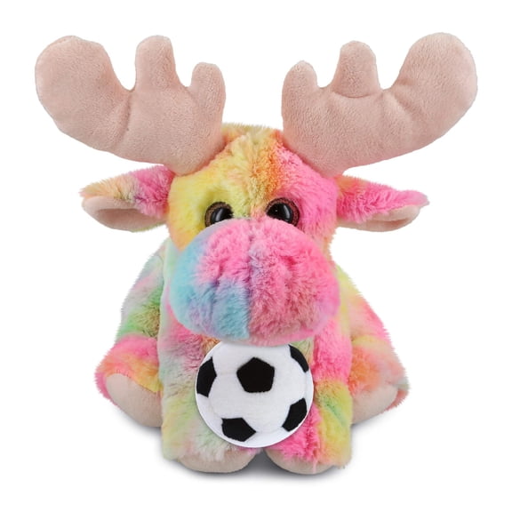 DolliBu Rainbow Floppy Moose Stuffed Animal with Soccer Ball Plush - Soft Huggable Moose, Adorable Playtime Plush Toy, Wild Life Gift, Super Soft Plush Doll Animal Toy for Kids and Adults - 9 Inches
