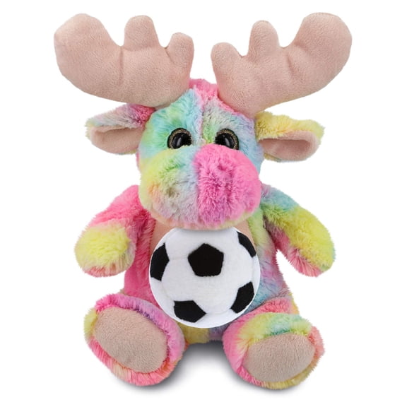 DolliBu Rainbow Moose Stuffed Animal with Soccer Ball Plush - Soft Huggable Moose, Adorable Playtime Plush Toy, Cute Wild Life Gift, Super Soft Plush Doll Animal Toy for Kids and Adults - 9 Inches