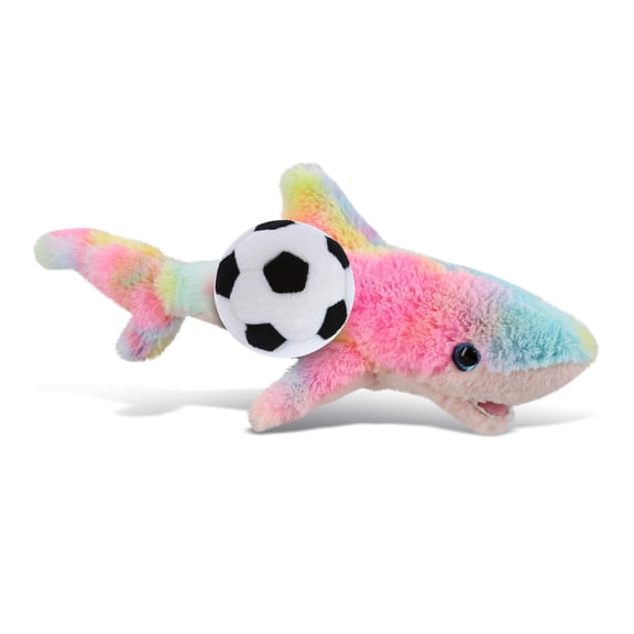 DolliBu Rainbow Shark Stuffed Animal with Soccer Ball Plush - Soft Huggable Shark, Adorable Playtime Plush Toy, Ocean Life Gift, Super Soft Plush Doll Animal Toy for Kids and Adults - 14 Inches