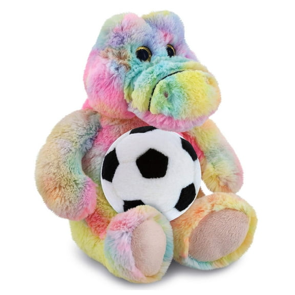 DolliBu Rainbow Sitting Alligator Stuffed Animal with Soccer Ball Plush - Soft Huggable Gator, Playtime Plush Toy, Cute Wild Life Gift, Super Soft Plush Doll Animal Toy for Kids and Adults - 9 Inches