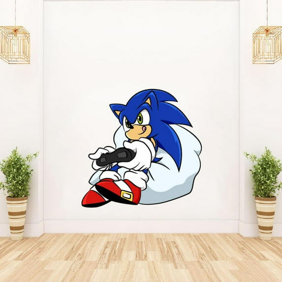 SUPER SONIC THE HEDGEHOG Playing Computer Games Cartoon Character Wall Art Vinyl Sticker Decal- Baby Girl Boy Bedroom Decal Baby Kids Room Wall Sticker Vinyl Art House Wall Decor Size (40x35 inch)