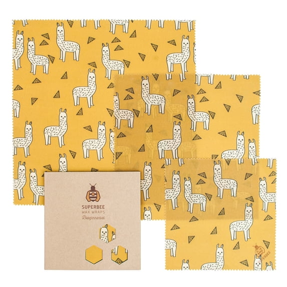 SUPERBEE Beeswax Wrap for Food, Set of 3 Bees Wax Wraps, Reusable Bees Wrap Paper for Wrapping Vegetables & Cheese, Bowl Covers and Sandwich Wrapping Paper, Beeswax Food Wraps - Alpacas