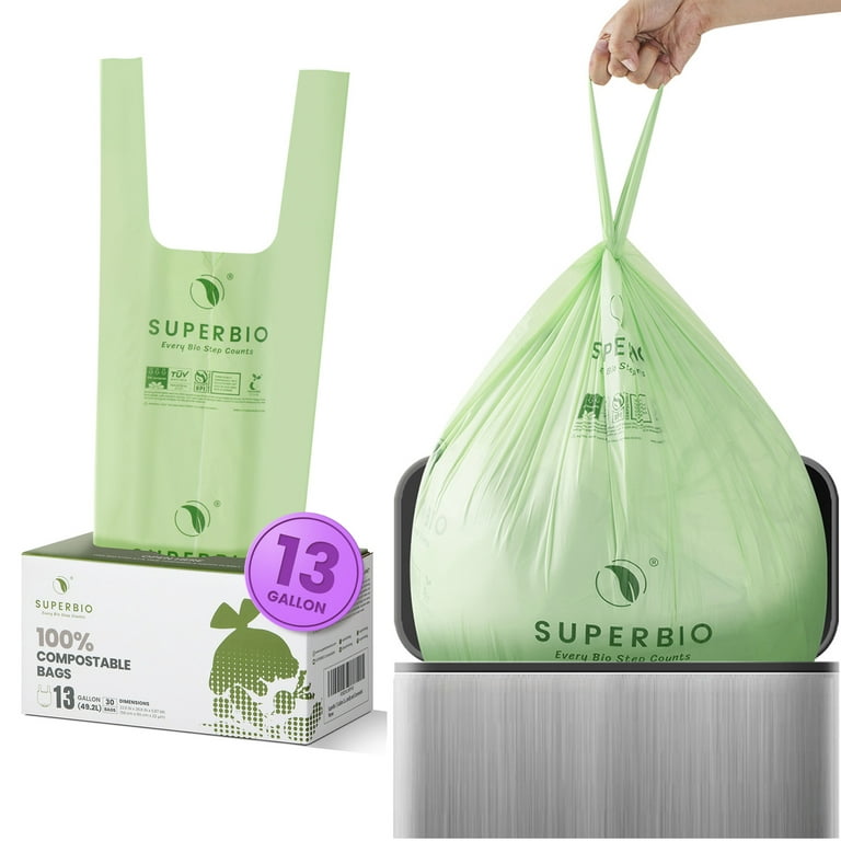 SUPERBIO 13 Gallon Compostable Handle Tie Tall Kitchen Garbage Bags, Heavy  Duty Food Scrap Trash Bags Certified by BPI and OK Compost Home, 30 Count