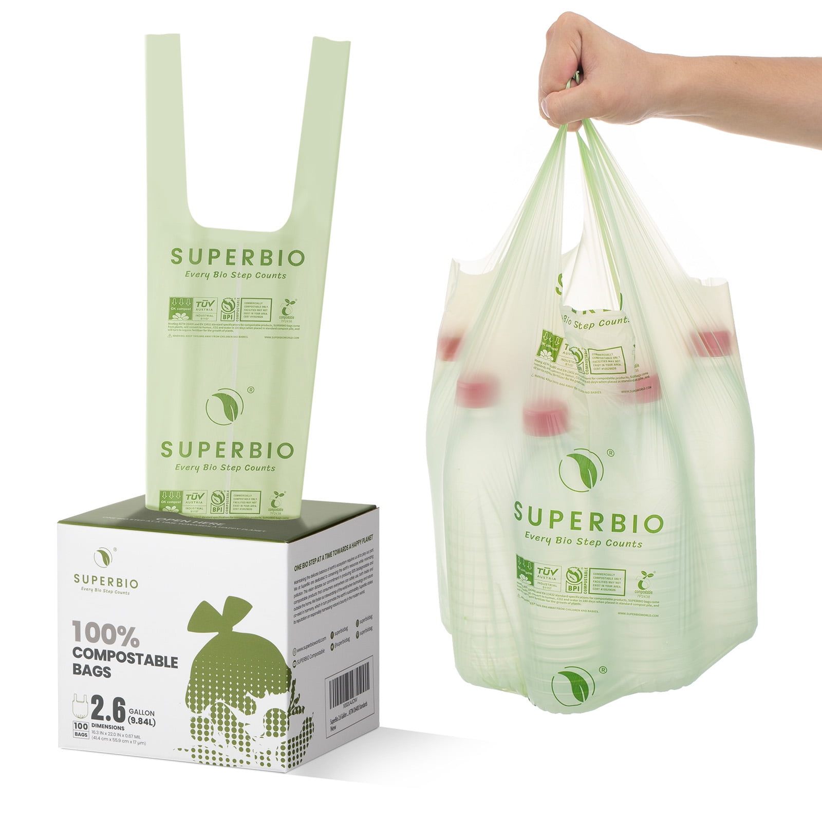 Simply Bio 3 gal. Compostable Trash Bags with Handle, Eco-Friendly, Heavy-Duty, 0.67 mil, 80-Count