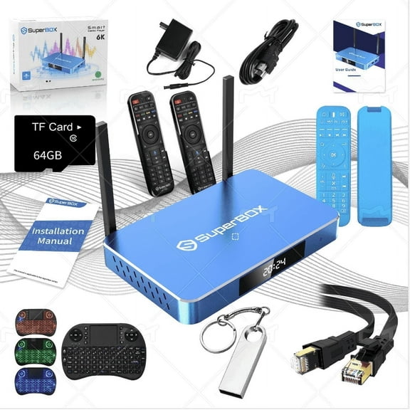 SUPERBOX S5MAX Voice Edition,Voice-controlled remote with alternate mini keyboard. Includes 128GB storage, Ethernet cable, 64GB TF card & remote case for enhanced viewing.